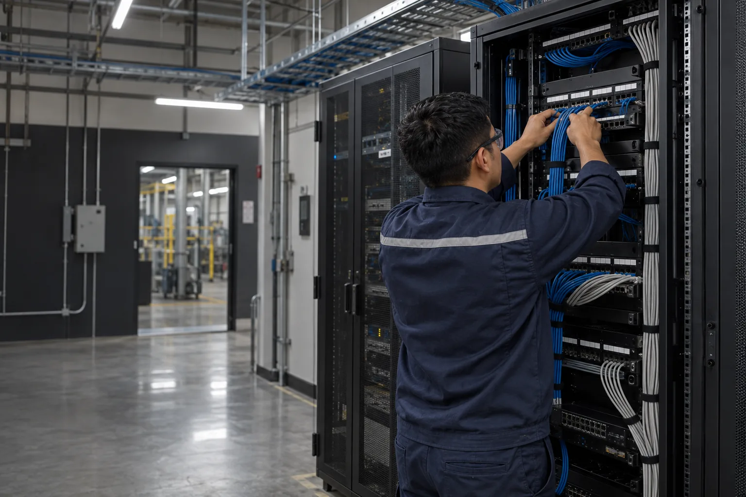 Rack de telecomunicaciones con cableado estructurado ordenado y patch panels etiquetados