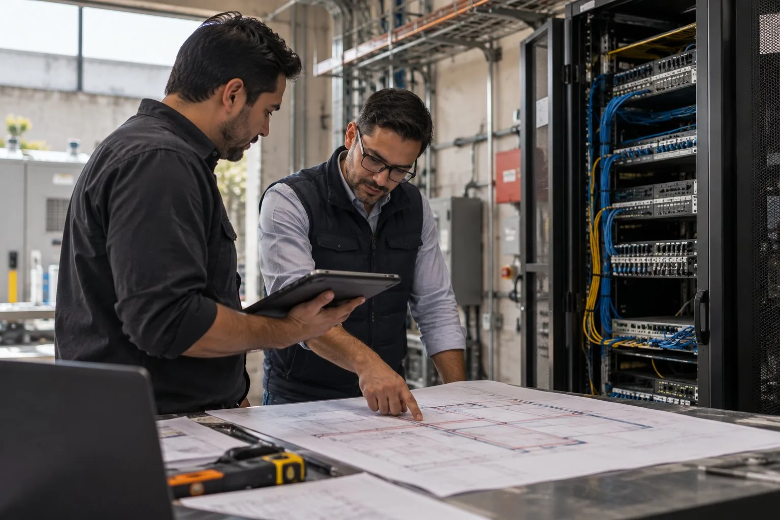 Dos ingenieros revisan un plano de red sobre una mesa junto a un rack de telecomunicaciones abierto