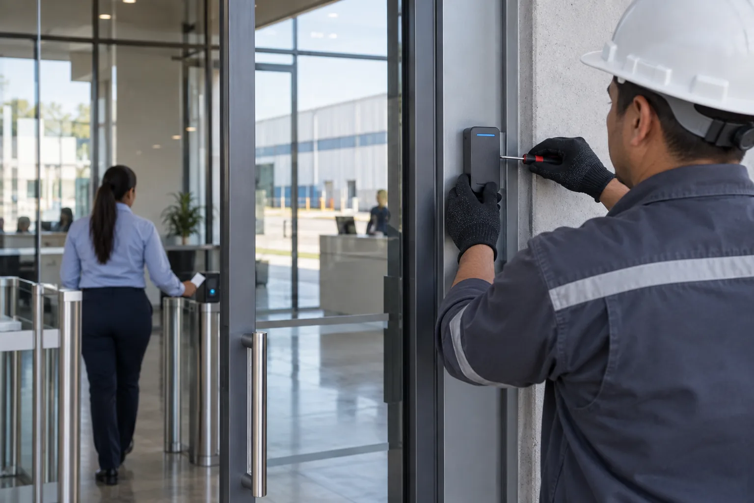 Lector biométrico de control de acceso instalado junto a una puerta corporativa