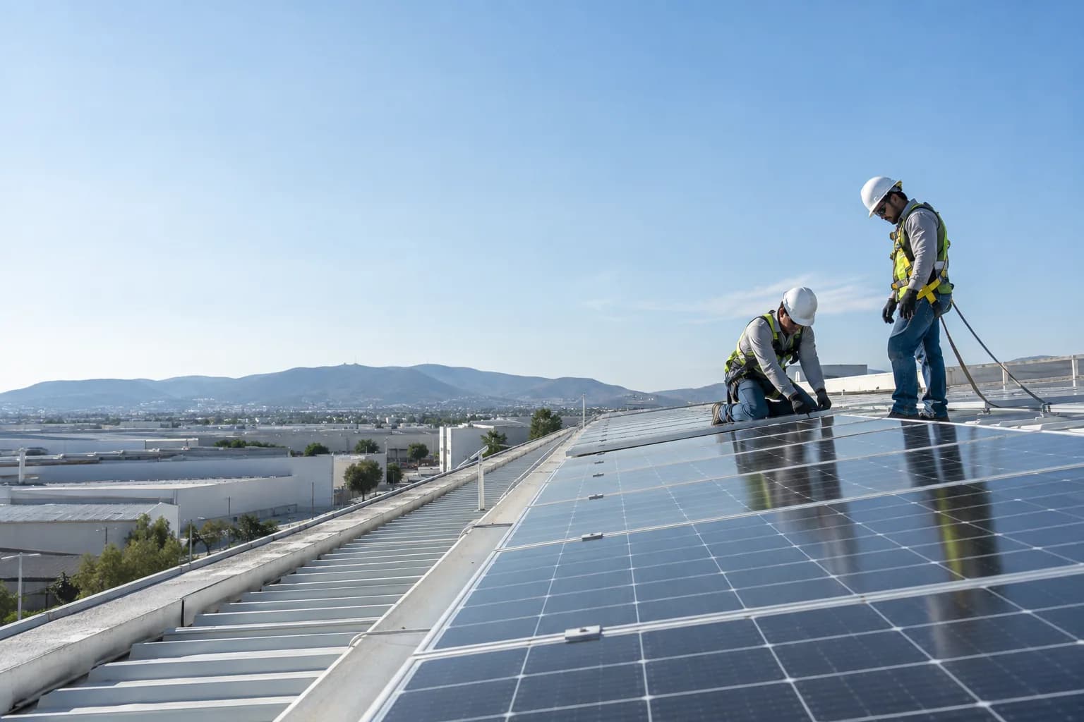 Paneles solares instalados sobre la cubierta de una nave industrial