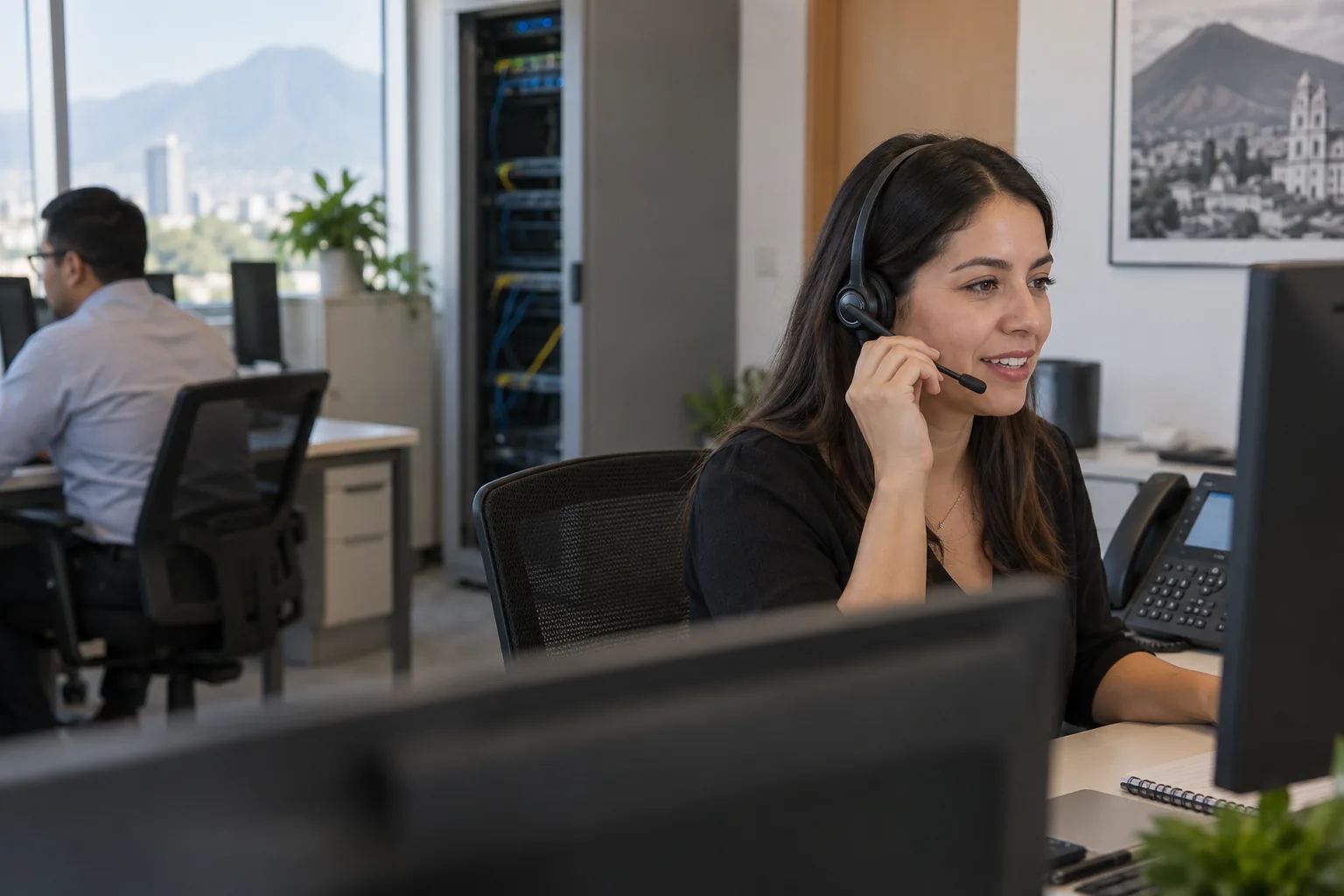 Teléfono IP empresarial sobre un escritorio en una oficina corporativa