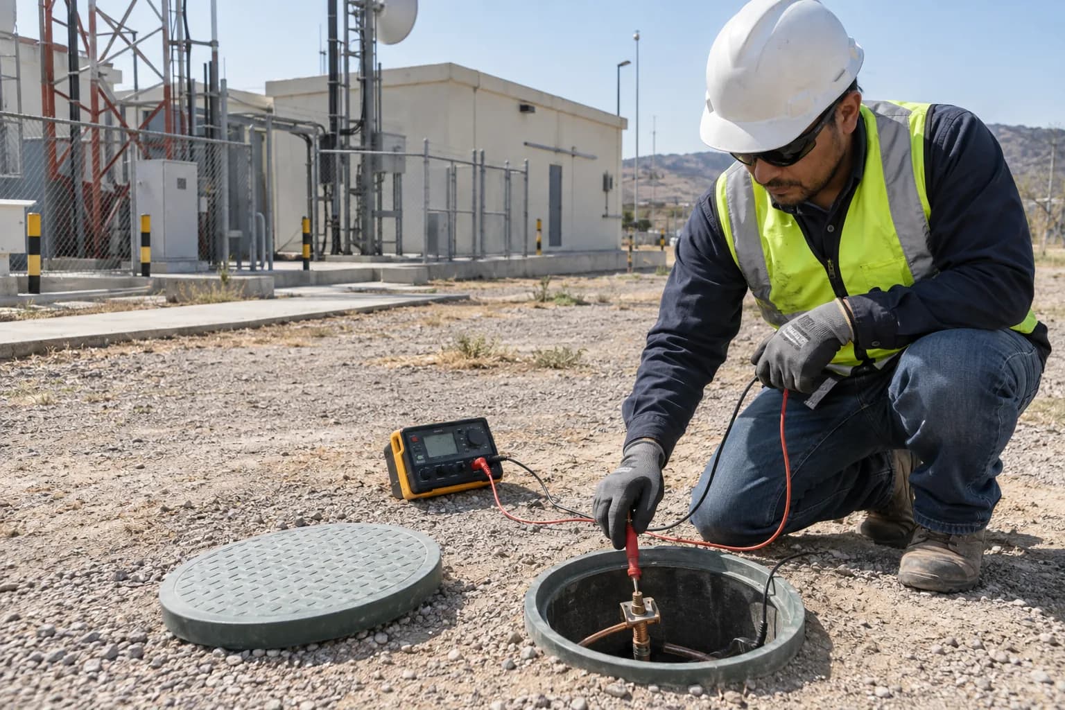 Pozo de registro de tierra física con conexión de electrodo y conductor de cobre